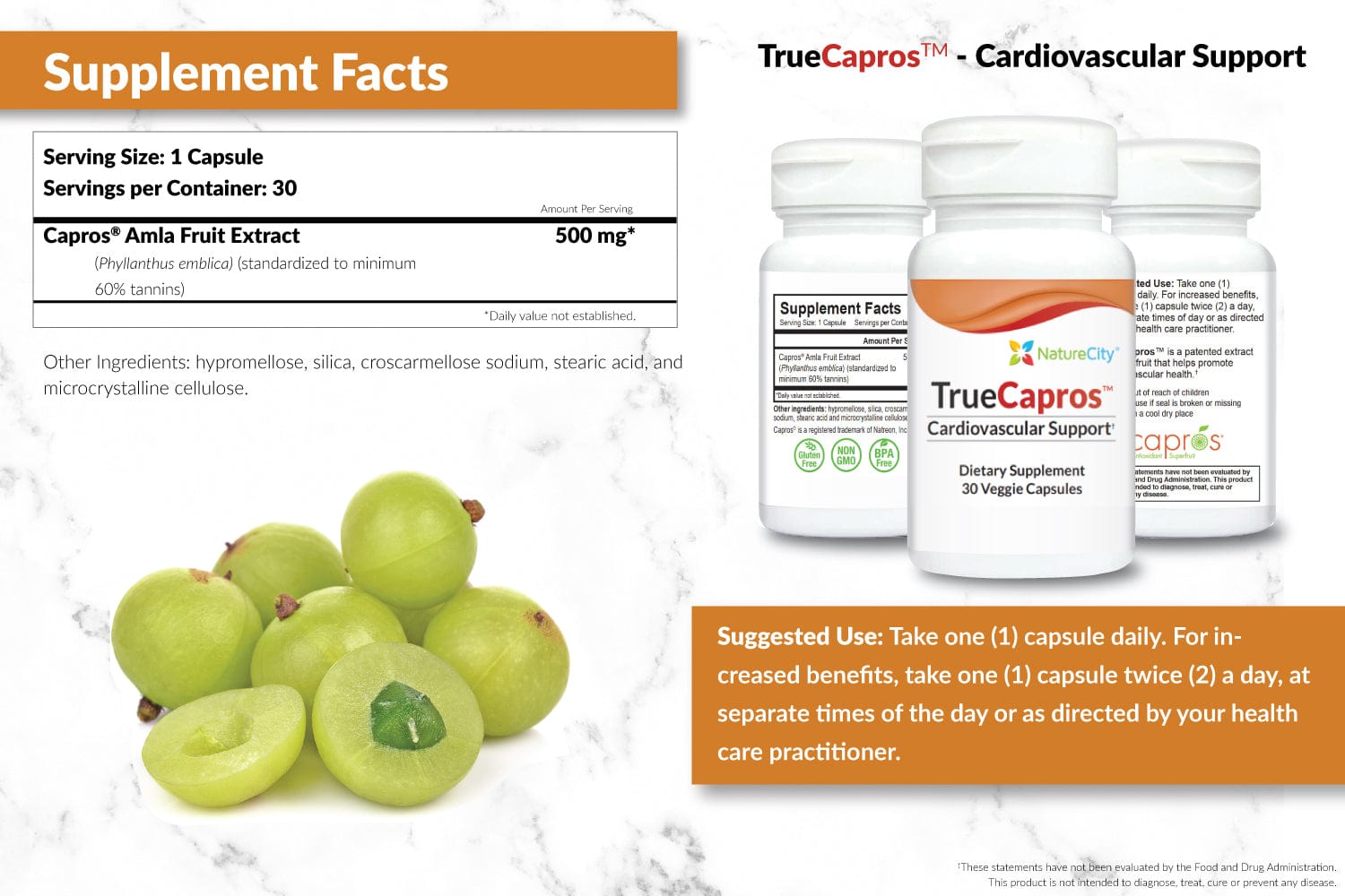 TrueCapros Heart Support Supplement Facts and Suggested Use