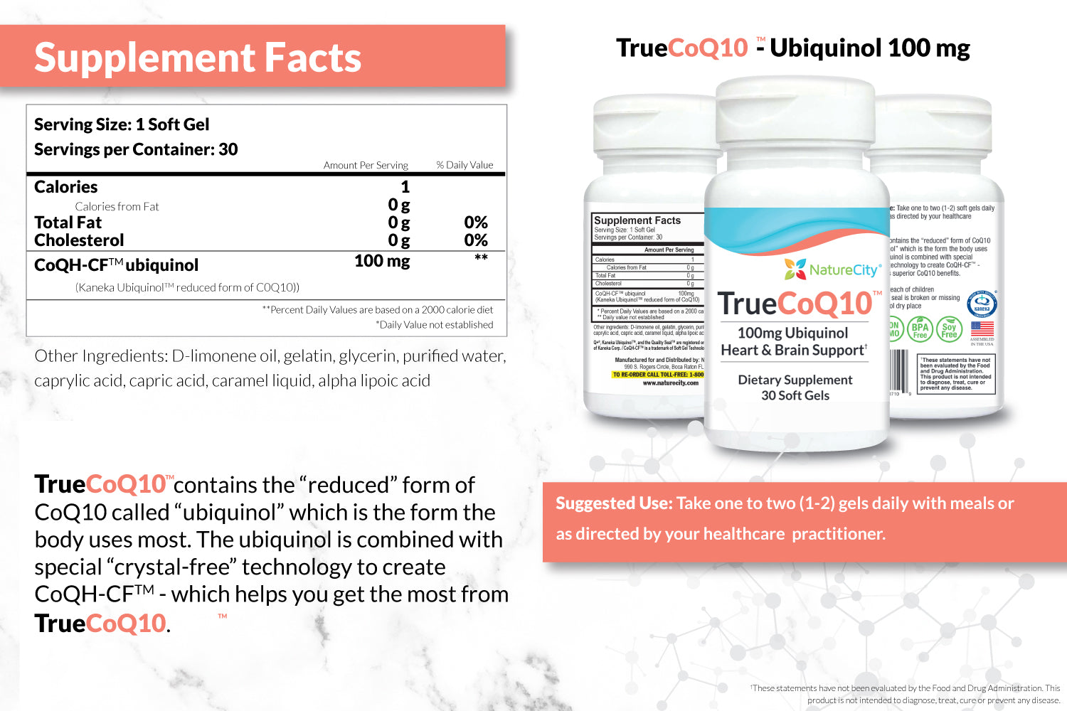 TrueCoQ10 Stabilized Supplement Facts and Suggested Use