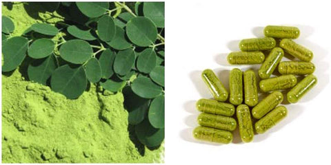 Moringa leaves, moringa powder, and moringa powder capsules.