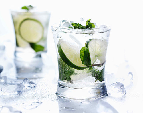 Two drinks with clear liquid, lime, mint and ice in short glasses.