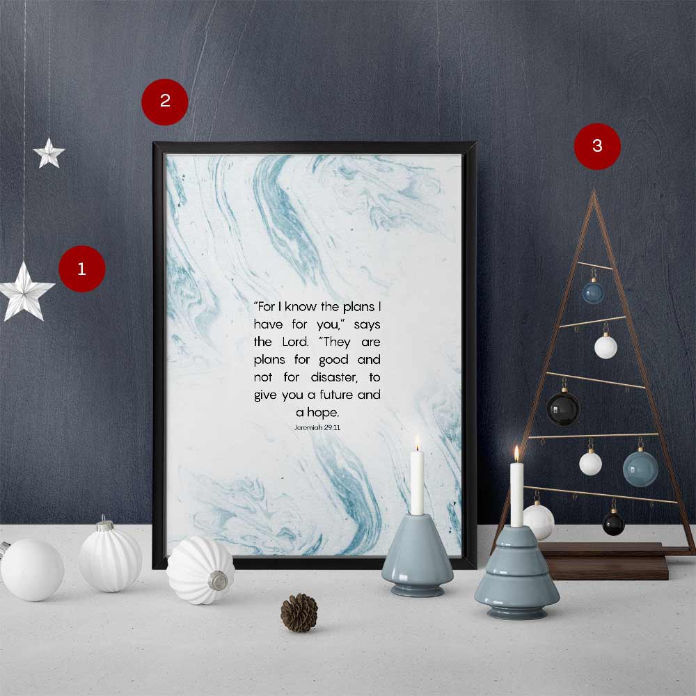 Inspirational Wall Art and Christmas decorations blue palette