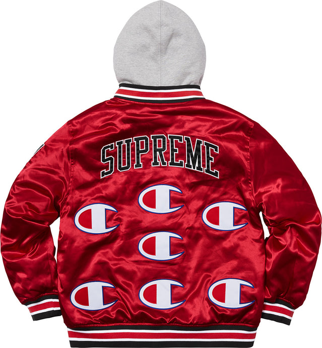 supreme x champion hooded satin varsity jacket