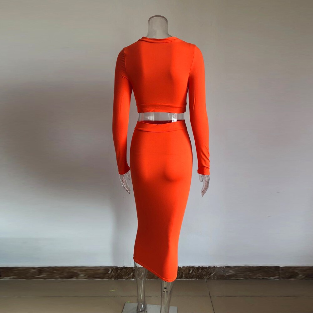 orange two piece skirt and top