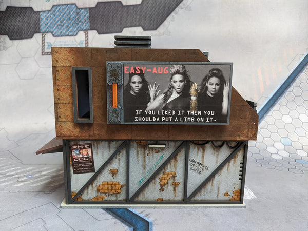 Cyberpunk billboard on grimey MDF terrain building