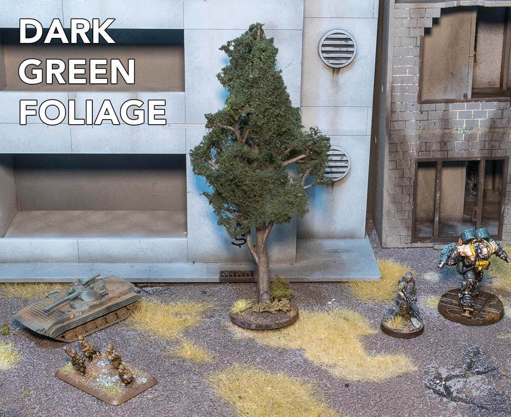 Woodland Scenics Dark Green Foliage over tree armature. Terrain and miniatures shown for scale.