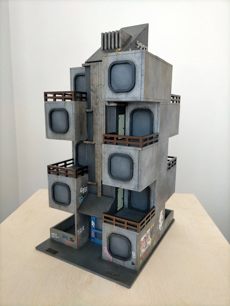 Weathered five story cyberpunk capsule tower terrain