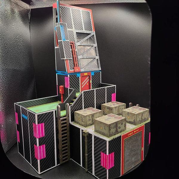 Neon and carbon fibre cyberpunk data centre terrain