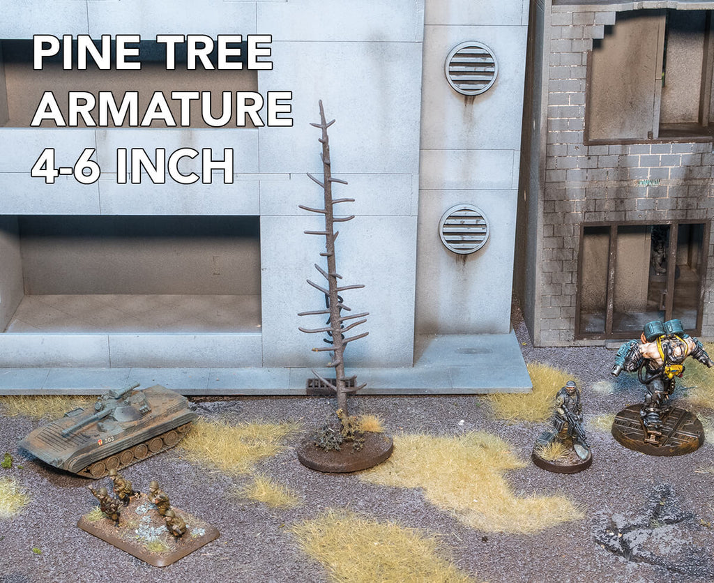 Woodland Scenics Pine Tree Armature model tree with miniatures and terrain for scale