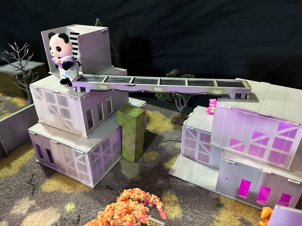 cute wargaming table with panda scatter terrain and cyberpunk pink lighting