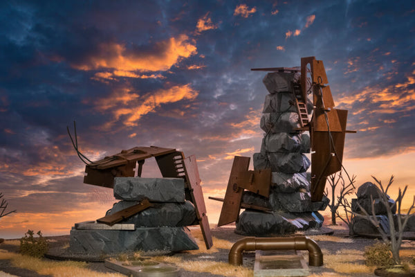 post apocalyptic terrain rock spires sunset sky, with deconstructivist rusty metal architecture
