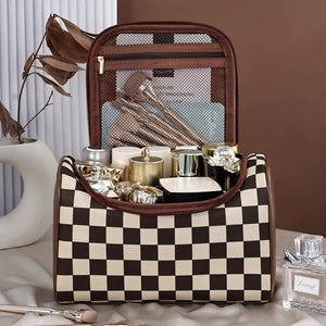 Brown Checkered Travel Makeup Bag - Rhinestone Divaz