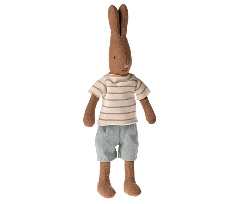 Maileg - Rabbit Size 1 - Chocolate brown - Striped blouse and shorts
