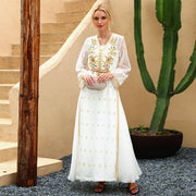 Elegant women long sleeve white thin dress with rhinestone