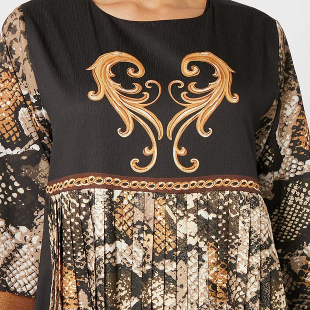 Pleated snake-pattern-printed long sleeve robe