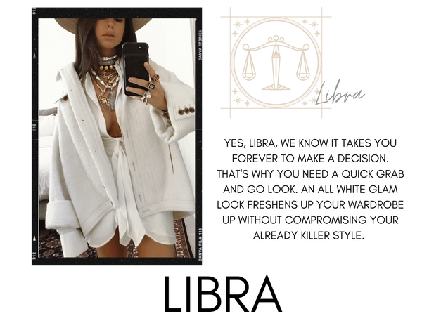 Libra zodiac sign with horoscope and white glam outfit