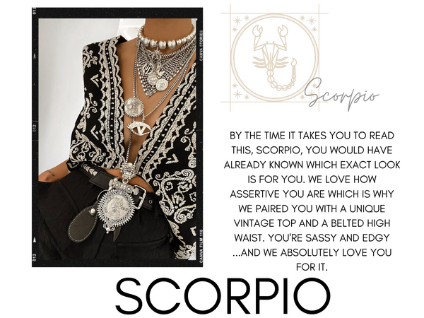 Scorpio zodiac sign with horoscope and DYLAN LEX necklaces