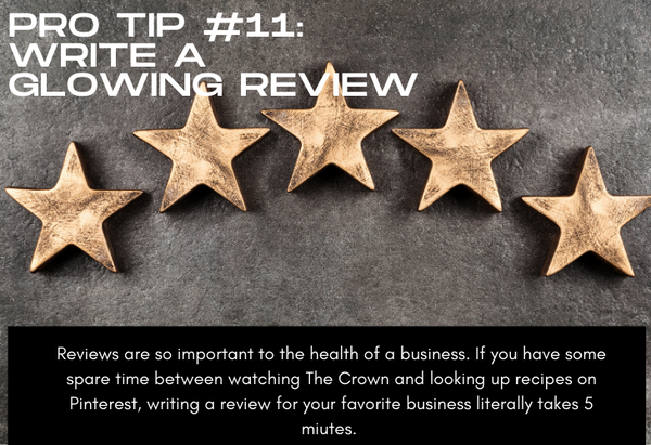 Pro Tip #11 Write a Glowing Review, photo of 5 golden stars