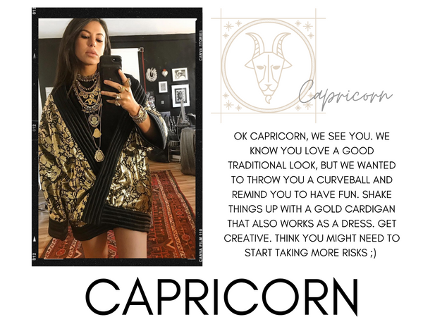 Capricorn zodiac sign with horoscope and DYLAN LEX gold necklaces