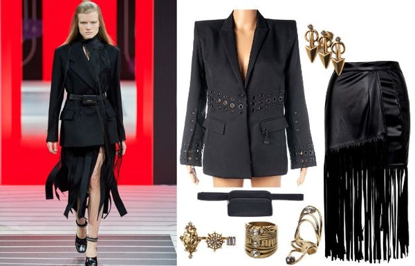 DYLAN LEX Jagger blazer, black midi skirt, DYLAN LEX Gilded Rocco, DYLAN LEX rings