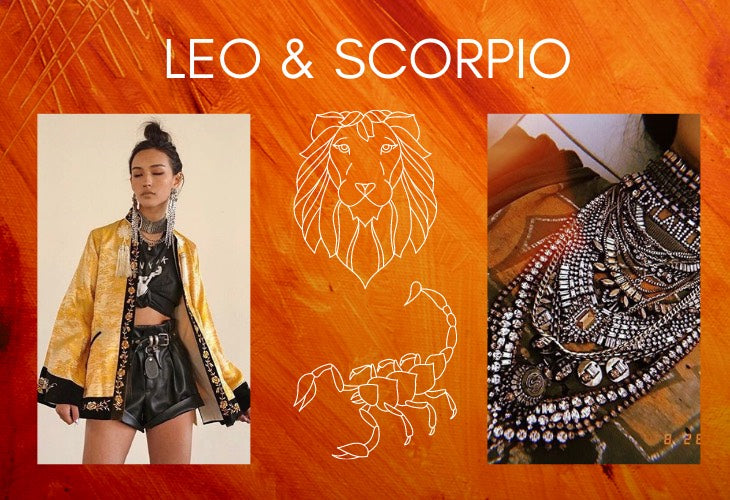 Leo and Scorpio zodiac signs on orange background with lifestyle image including DYLAN LEX jewelry