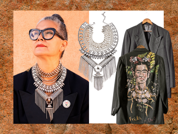 Designer Amy with silver necklace and clothing pieces
