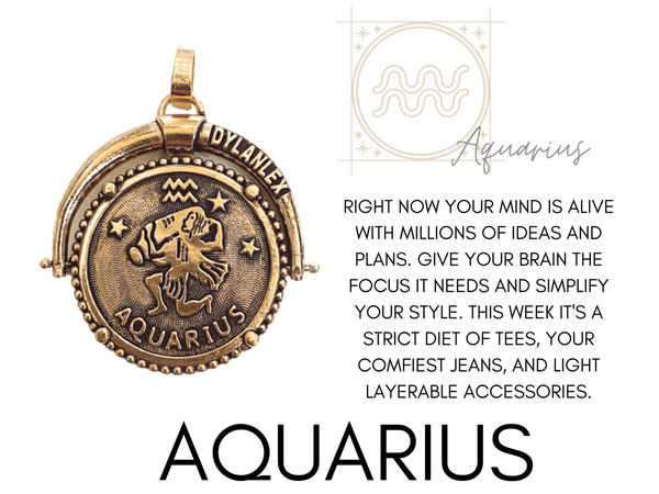 Aquarius zodiac sign with horoscope and DYLAN LEX zodiac pendant / charm