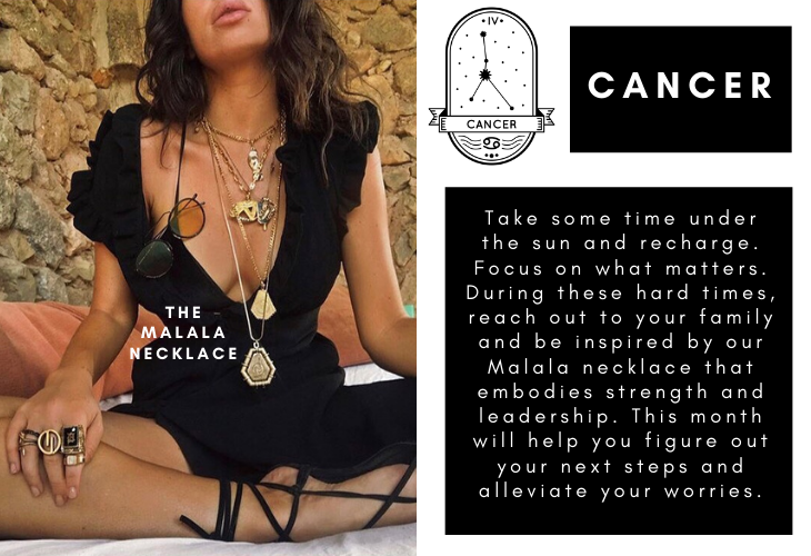 Cancer zodiac sign with horoscope and lifestyle image of DYLAN LEX Malala necklace
