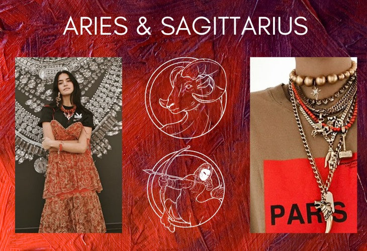 Aries and Sagittarius on red background with lifestyle images including DYLAN LEX jewelry