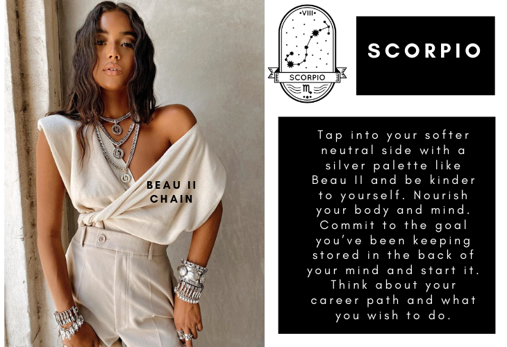 Scorpio zodiac sign with horoscope and lifestyle image of DYLAN LEX Beau II chain
