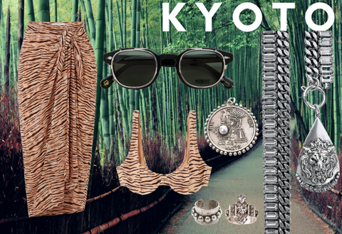 Kyoto background with animal print clothing and DYLAN LEX jewelry