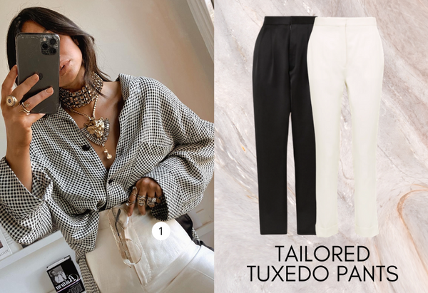 Tailored tuxedo pants in black and white with lifestyle image