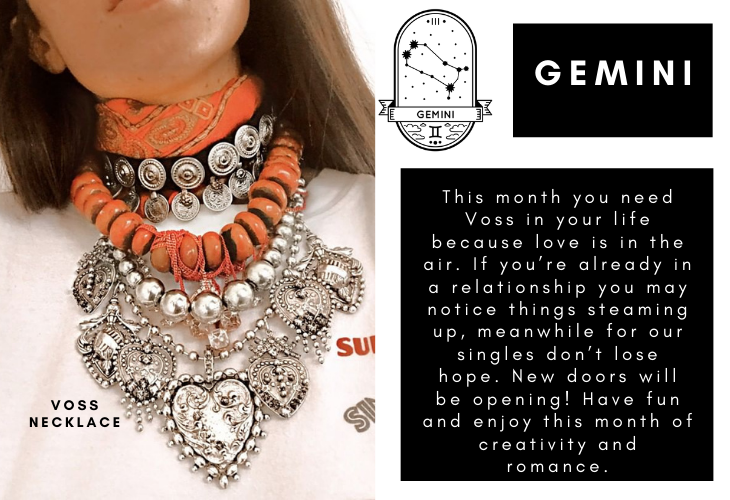 Gemini zodiac sign with horoscope and lifestyle image of DYLAN LEX Voss necklace