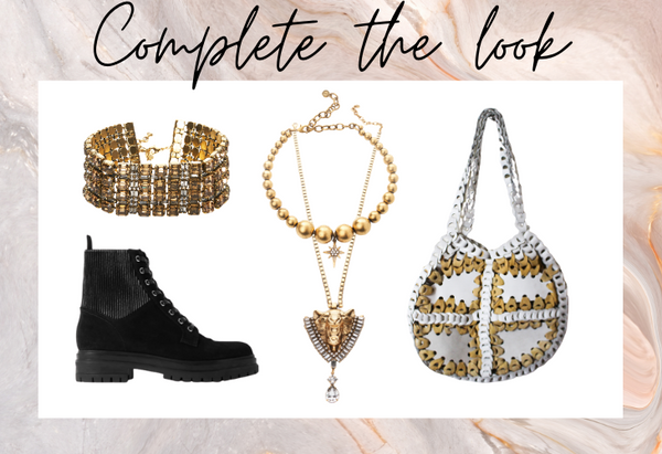 Complete the look items: boot, ring, necklace, t-shirt, bag, bracelet