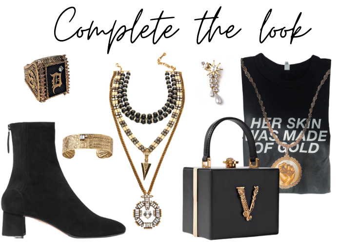 Complete the look items: boot, ring, necklace, t-shirt, bag, bracelet