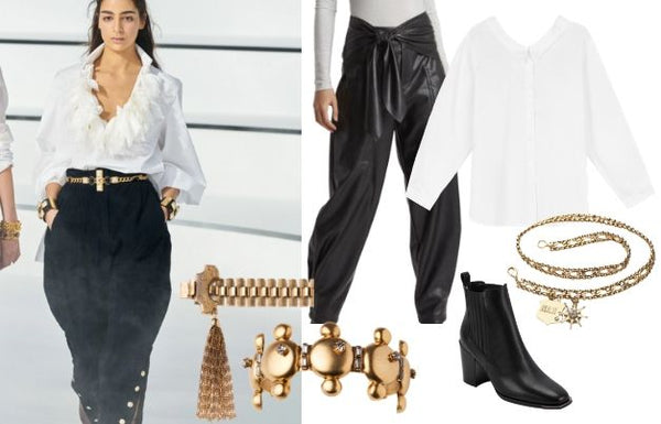 White blouse and black pants with DYLAN LEX Gilded bracelets and DYLAN LEX Pierce