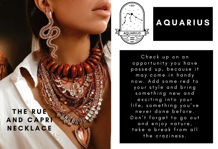 Aquarius zodiac sign with horoscope and lifestyle image of DYLAN LEX Rue and Capri necklace