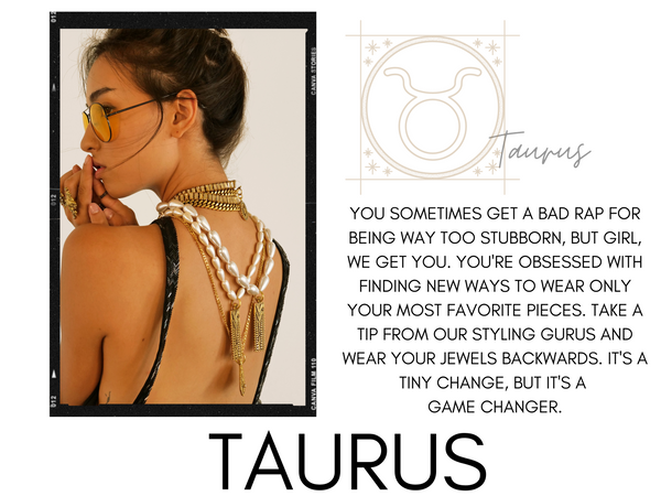 Taurus zodiac sign with horoscope and DYLAN LEX jewelry backwards