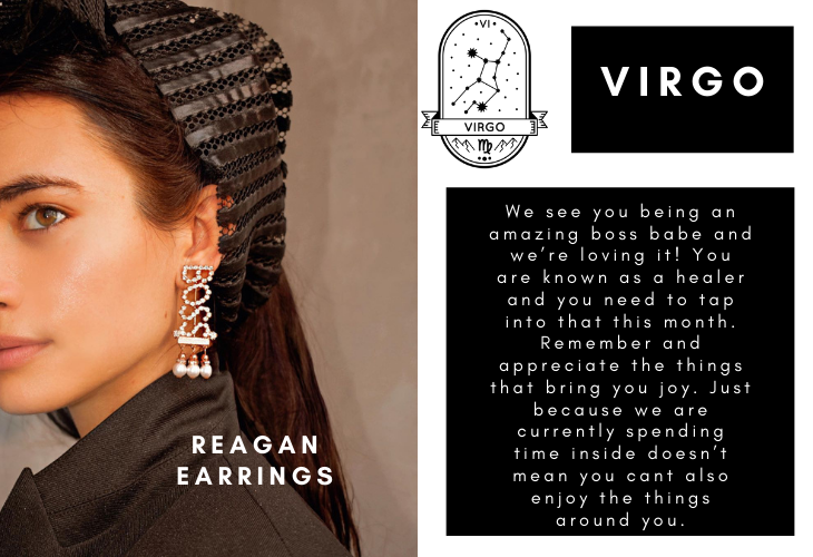 Virgo zodiac sign with horoscope and DYLAN LEX Reagan earrings