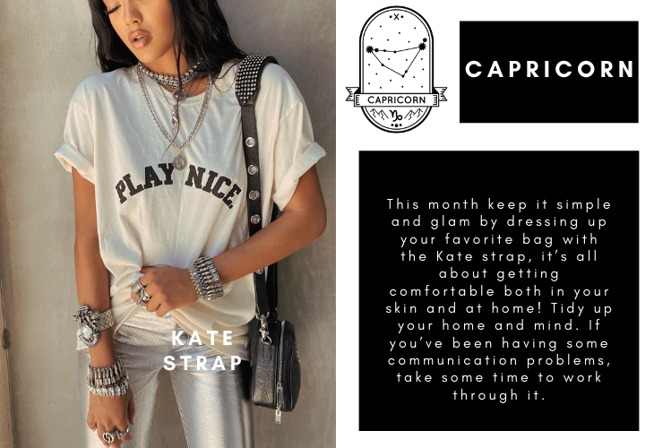 Capricorn zodiac sign with horoscope and DYLAN LEX Kate strap