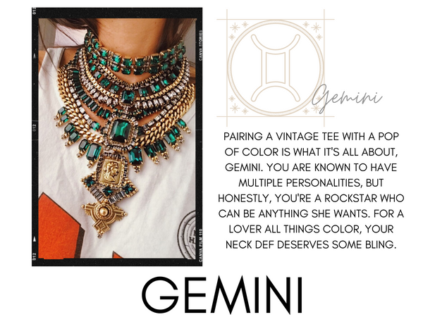 Gemini zodiac sign with horoscope and colorful DYLAN LEX necklace