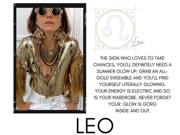 Leo zodiac sign with horoscope and gold DYLAN LEX jewelry