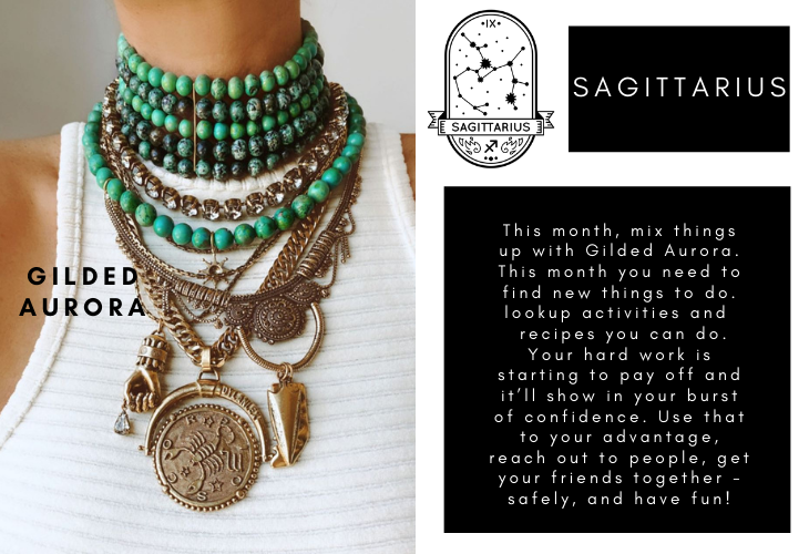 Sagittarius zodiac sign with horoscope and DYLAN LEX Gilded Aurora necklace