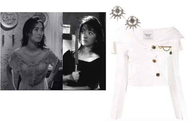 The Housemaid paired with DYLAN LEX Cara Earrings, DYLAN LEX Brynn Brooch, A.W.A.K.E. off-shoulder top.