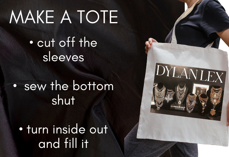 Make a Tote Tip for Upcycling Old T-shirts: cut off sleeves, sew bottom shut, turn inside out and fill it