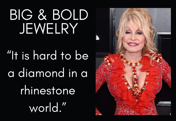 Dolly Parton in red gown with Big and Bold Jewelry quote