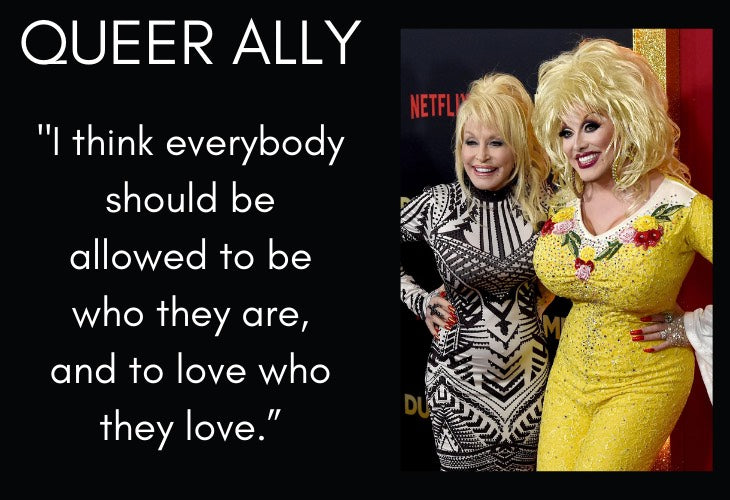 Dolly Parton with drag queen and Queer Ally quote