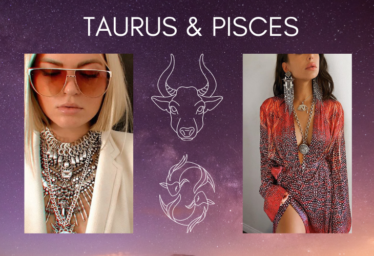 Taurus and Pisces on purple background with lifestyle images including DYLAN LEX jewelry