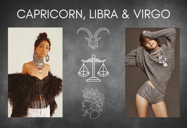 Capricorn, Libra and Virgo on gray background with lifestyle images including DYLAN LEX jewelry