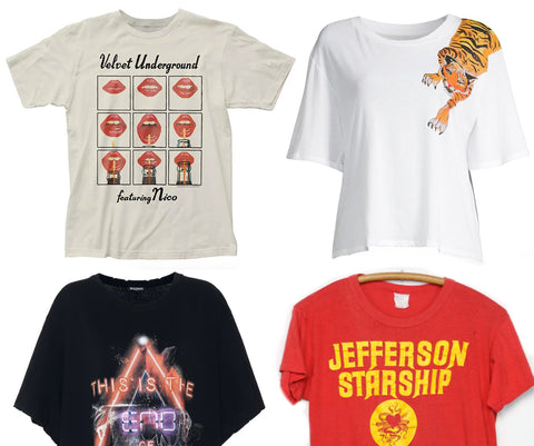 Vintage t-shirts: white Velvet Underground, Le Superbe Tiger tee, Blamain black tee, red Jefferson Starship tee