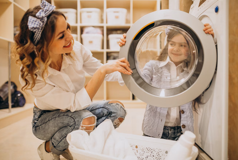 A Mom And Her Daughter Using Washing Machine